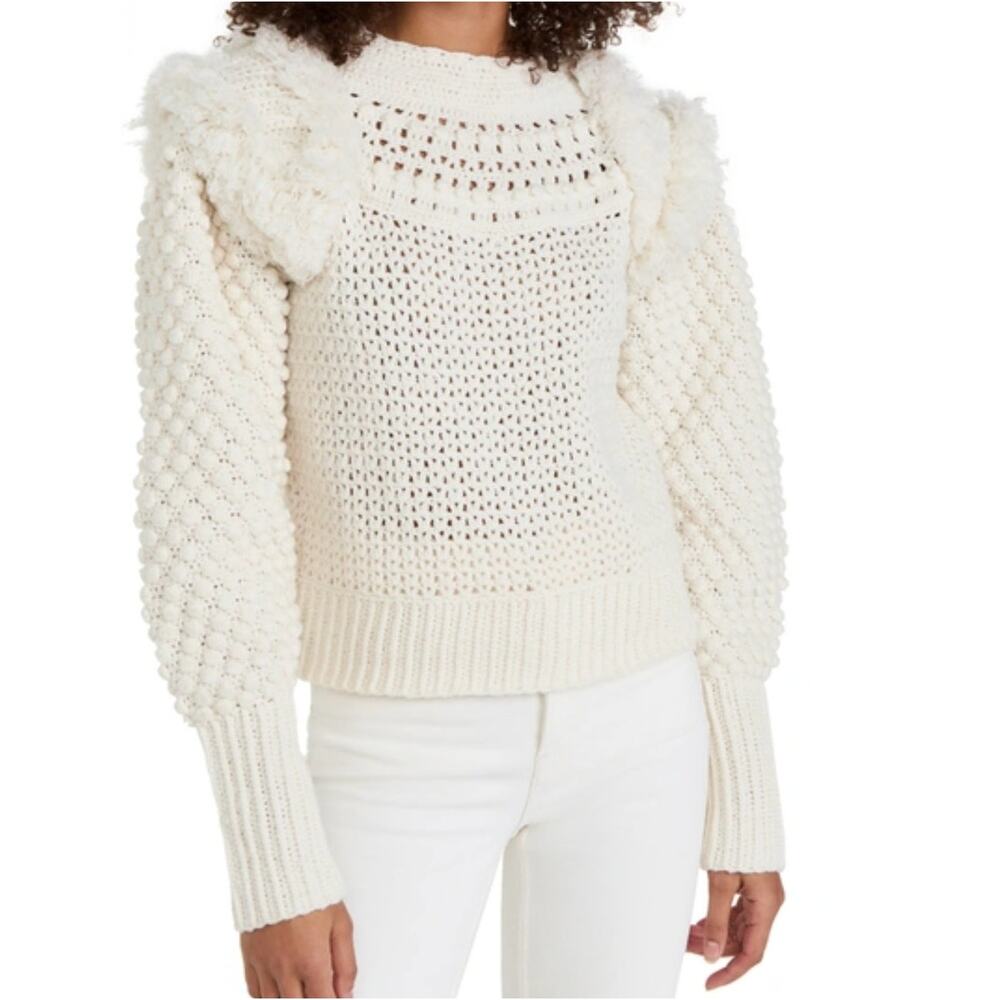 Sea New York Darcy Fringe Merino Wool Chunky Knit Ivory Sweater Womens Size XL